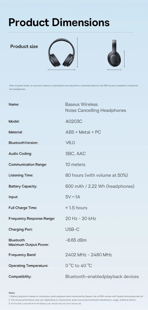 Baseus Wireless Headphones Bluetooth 6.0 HIFI Level Earphone 40Mm Driver Foldable over Ear Headsets 80H Playtime Spatial Audio