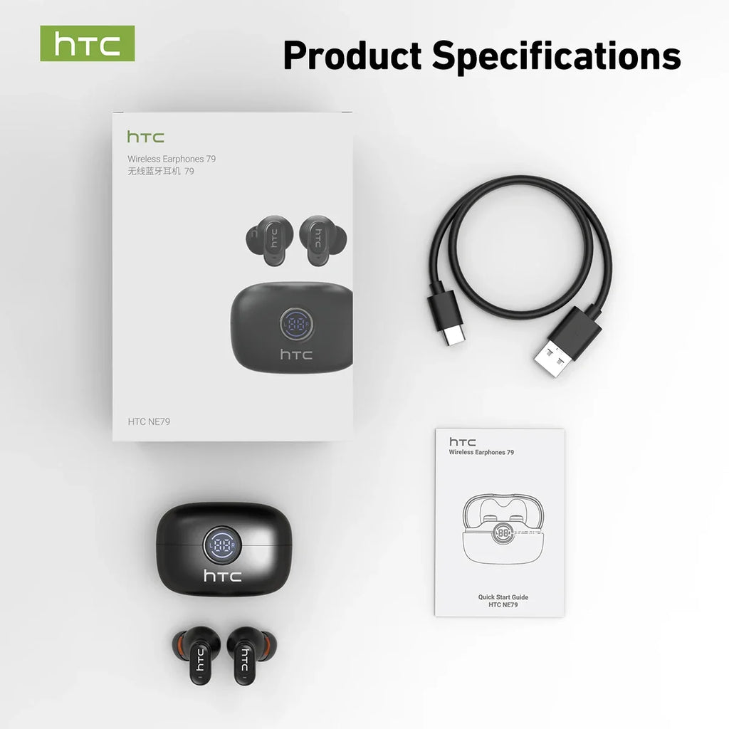 HTC NE79 TWS Bluetooth 6.0 Earbuds AI Translation 135 Languages ENC Noise Cancelling Hifi Stereo Headphones with LED Display