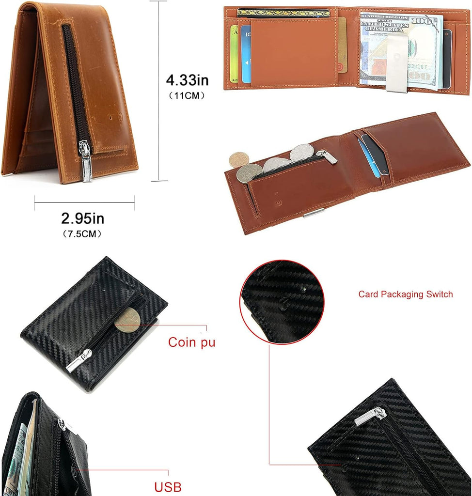 Bifold Multi Card Case Anti-Lost Bluetooth Leather Wallet with Alarm, Position Record (Via Phone GPS) (Brown)