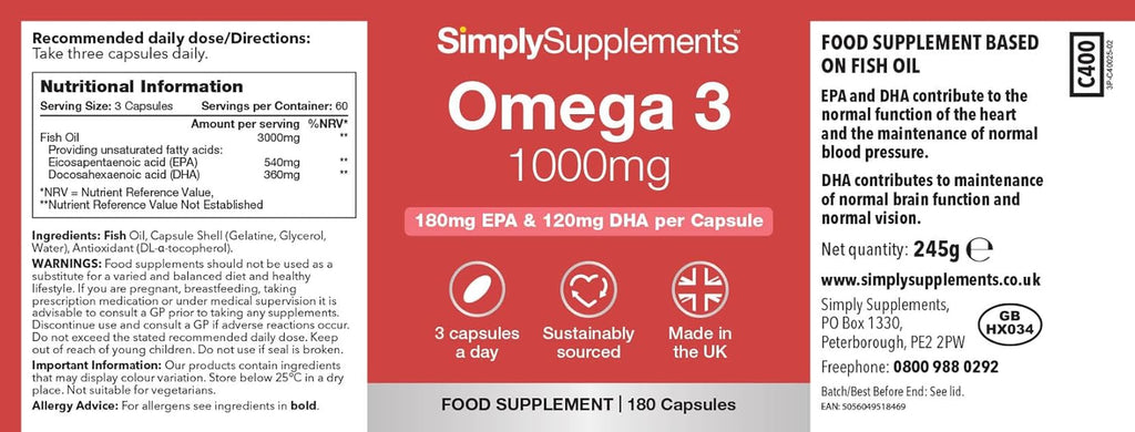 Omega 3 Fish Oil 1000Mg | 180 Capsules | High EPA & DHA