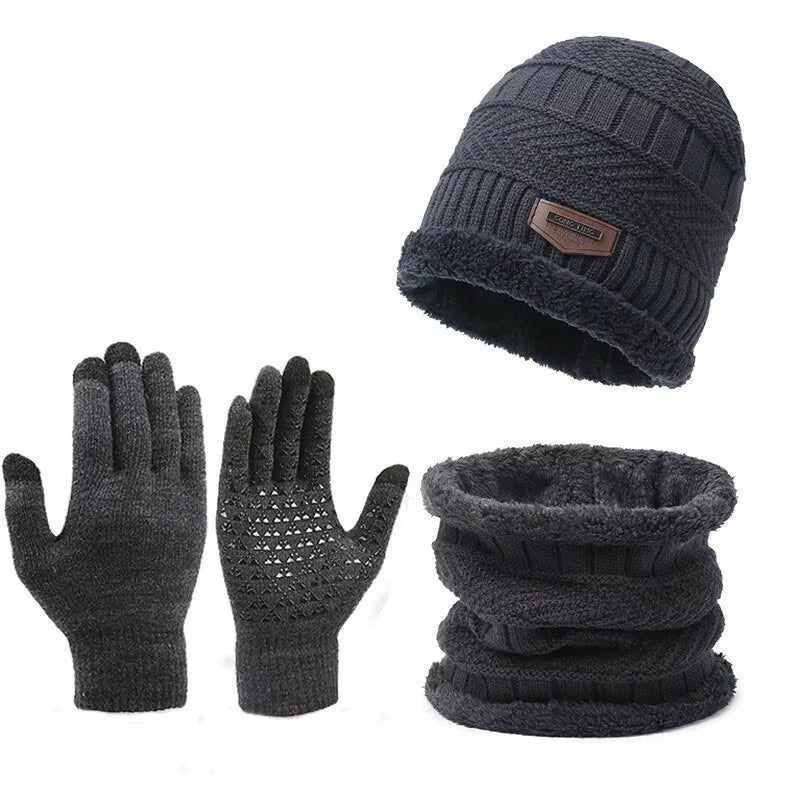 Men'S Windproof Hat Outdoor Travel Leisure Winter Scarf Gloves Three-Piece Neck One plus Cashmere Warm Winter Knitted Hat