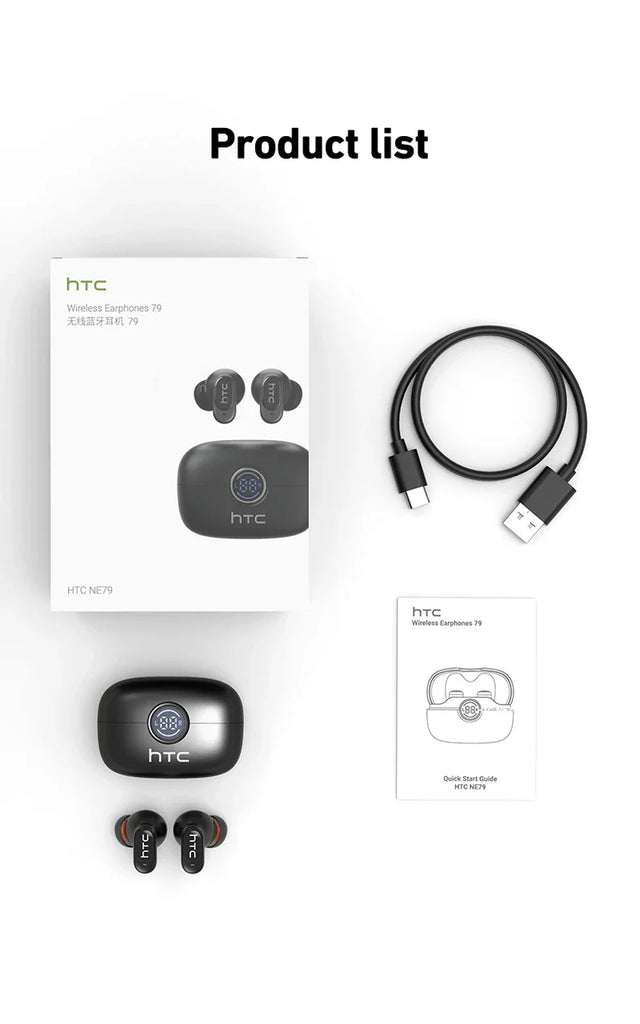HTC NE79 TWS Bluetooth 6.0 Earbuds AI Translation 135 Languages ENC Noise Cancelling Hifi Stereo Headphones with LED Display