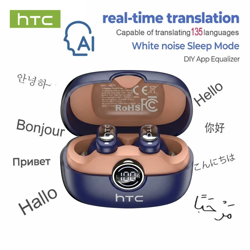 HTC NE79 TWS Bluetooth 6.0 Earbuds AI Translation 135 Languages ENC Noise Cancelling Hifi Stereo Headphones with LED Display