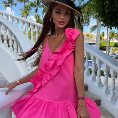 ruffle summer asymmetric bow pink dress