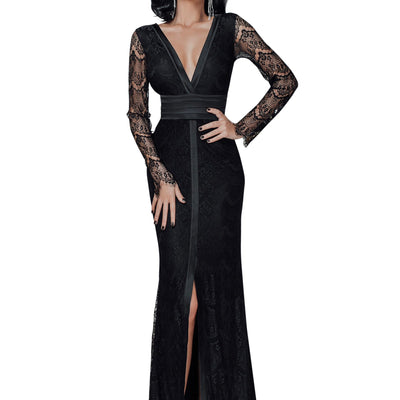 elegant formal black dress with silky detaling and long sleeves