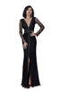 elegant formal black dress with silky detaling and long sleeves