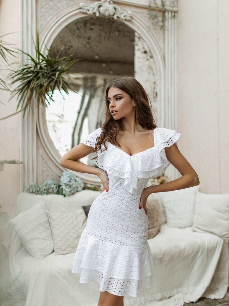 Off shoulder ruffle mini dress in white cotton — GLOWSYOU garden party dress