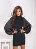 Mock Neck Puffed Satin Sleeve Body-con Mini Dress
