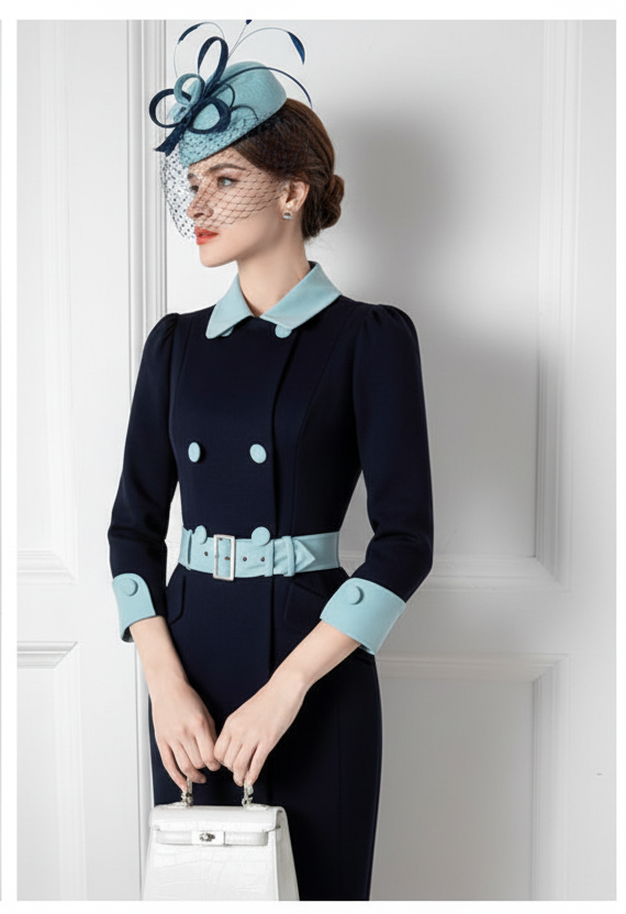 Navy blue contrast belted mother other bride dress