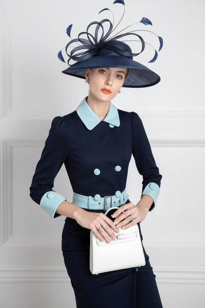 Navy blue contrast belted mother other bride dress
