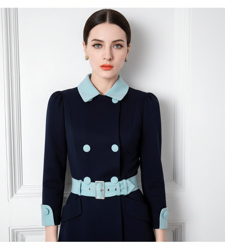Navy blue contrast belted mother other bride dress