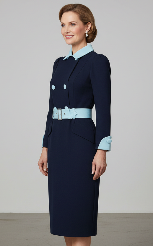 Navy blue contrast belted mother other bride dress