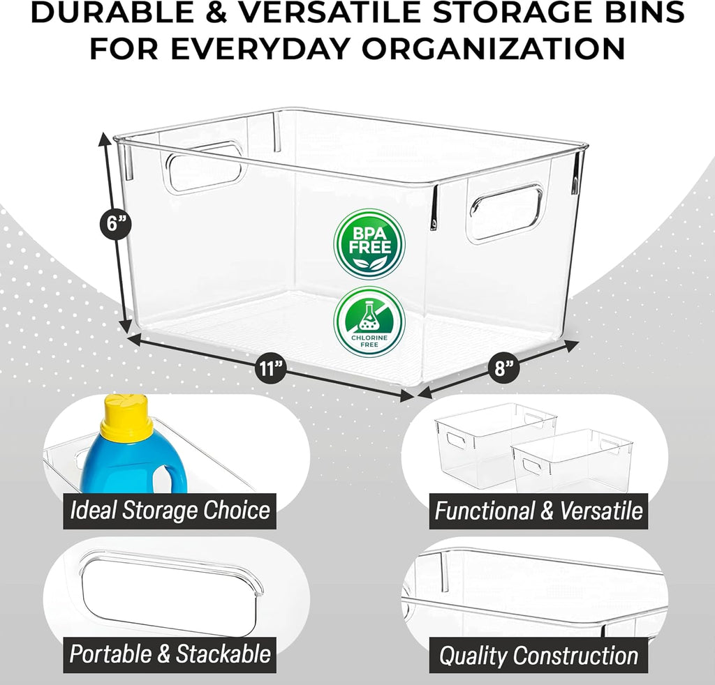 Clear Plastic Storage Bins, Pantry & Cabinet Organizer, 4 Pack