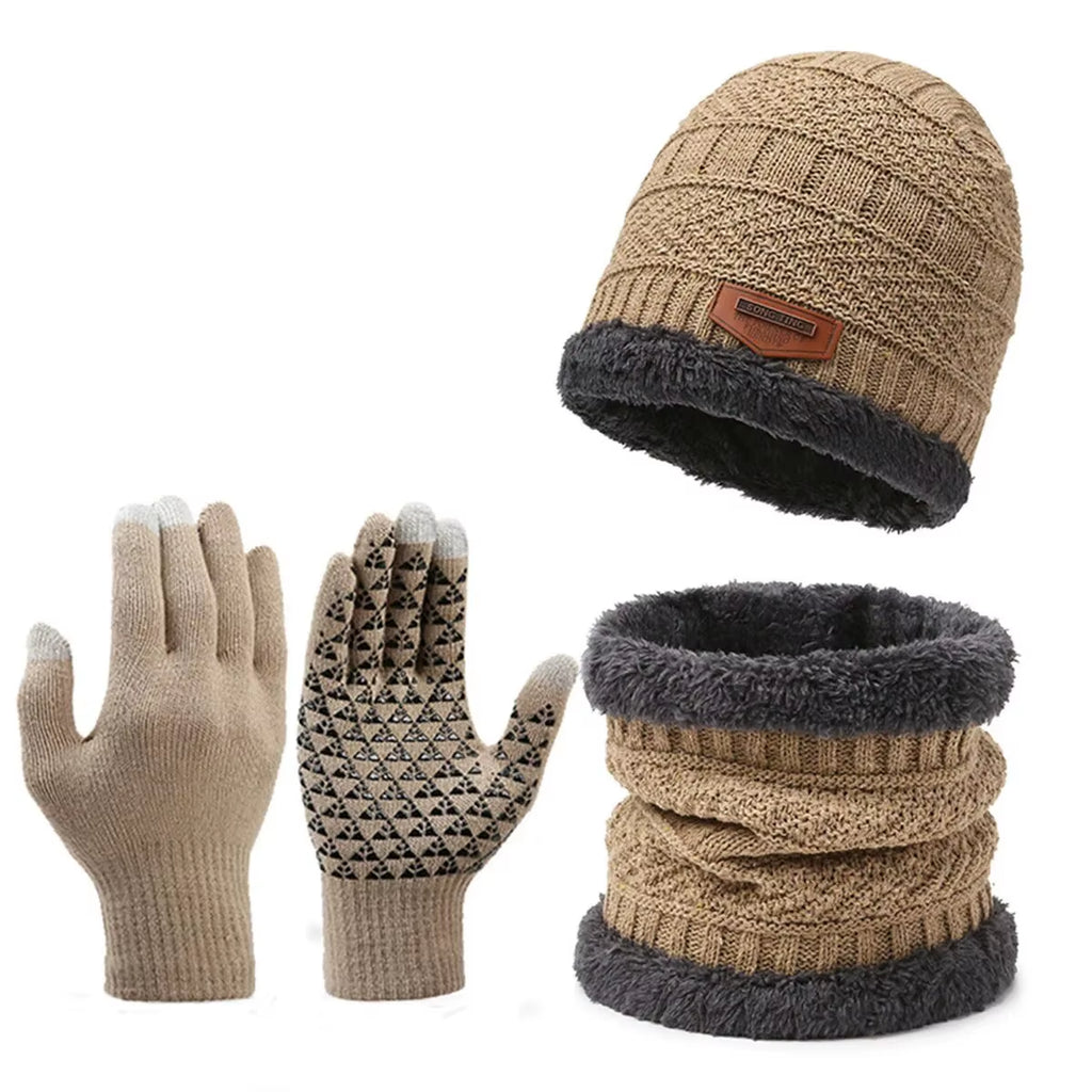 Men'S Windproof Hat Outdoor Travel Leisure Winter Scarf Gloves Three-Piece Neck One plus Cashmere Warm Winter Knitted Hat