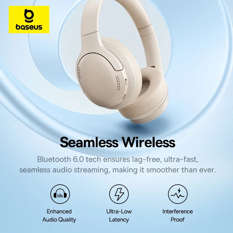 Baseus Wireless Headphones Bluetooth 6.0 HIFI Level Earphone 40Mm Driver Foldable over Ear Headsets 80H Playtime Spatial Audio
